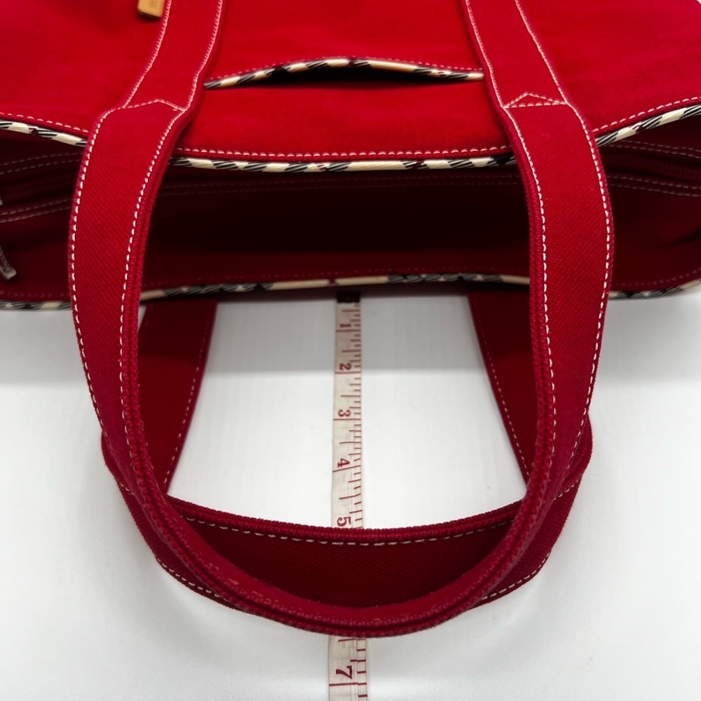 Burberry Red Canvas Tote with Plaid Accents and Top Zipper - Picture 9 of 16